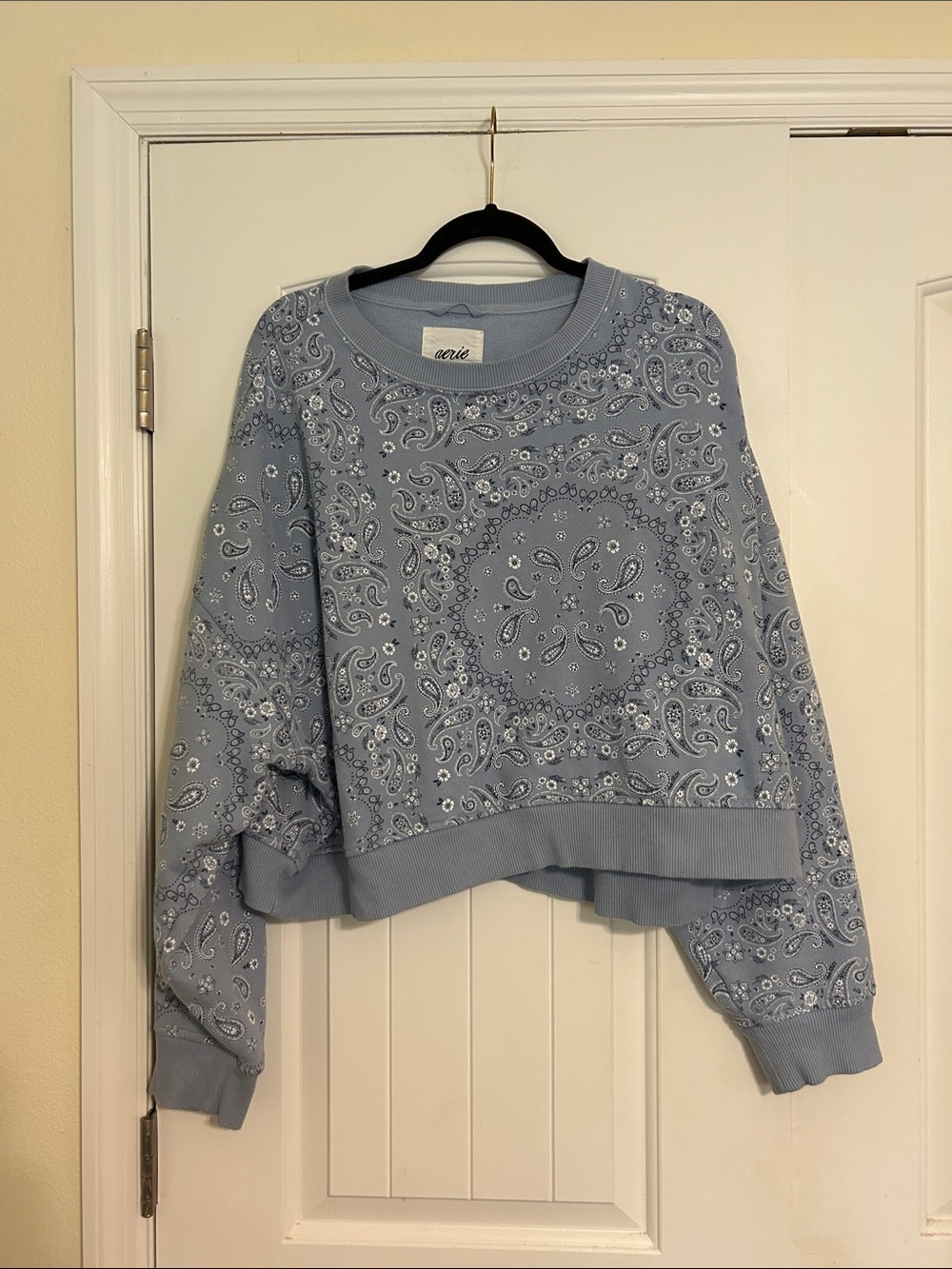 aerie Light Blue Paisley Print Cropped Crewneck Sweatshirt